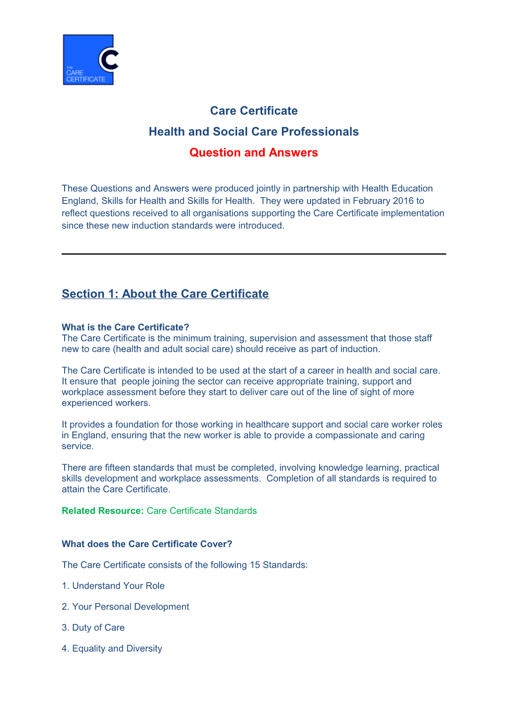 Care Certificate - Question and Answers for Health and Adult Social Care