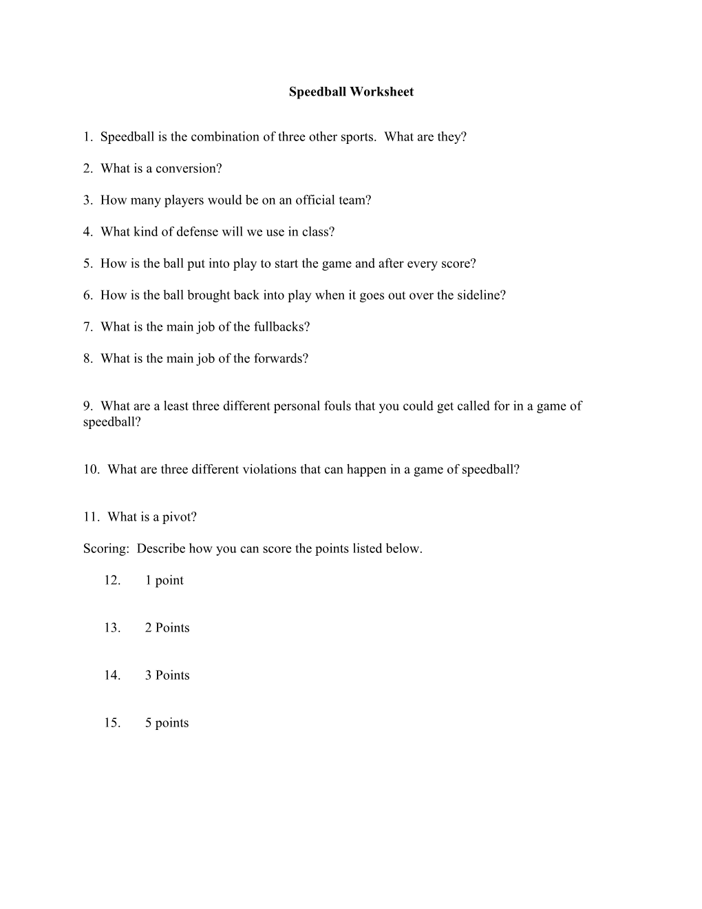 Speedball Worksheet