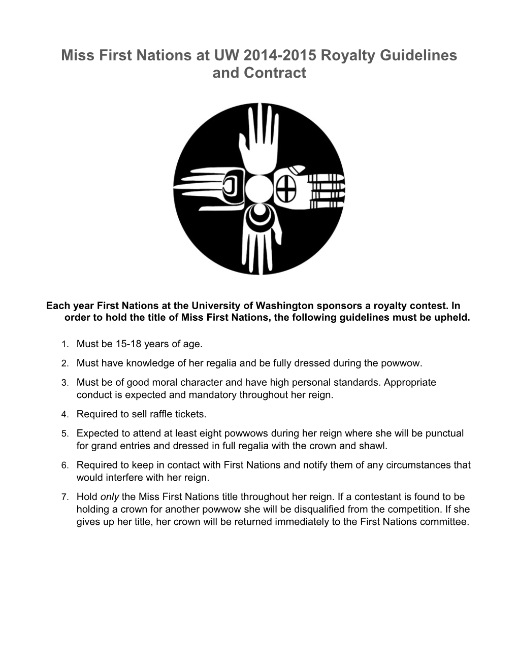 Miss First Nations at UW 2014-2015 Royalty Guidelines and Contract