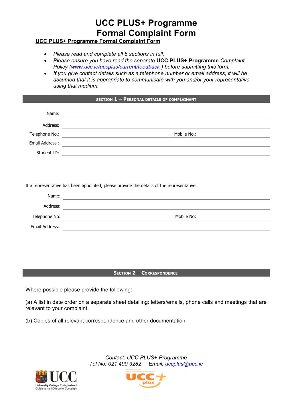 UCC PLUS+ Programmeformal Complaint Form