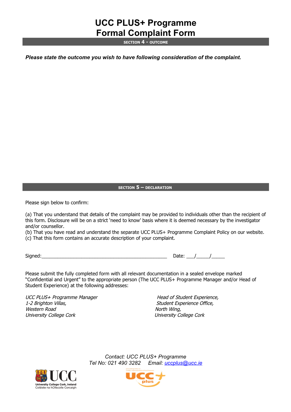 UCC PLUS+ Programmeformal Complaint Form