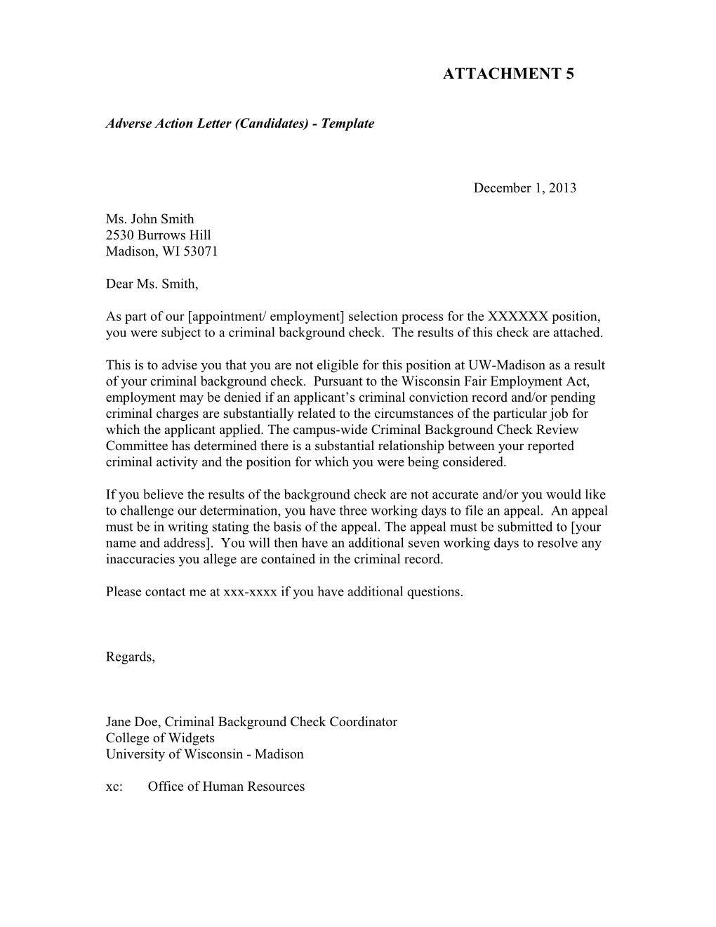 Adverse Action Letter (Candidates) - Template