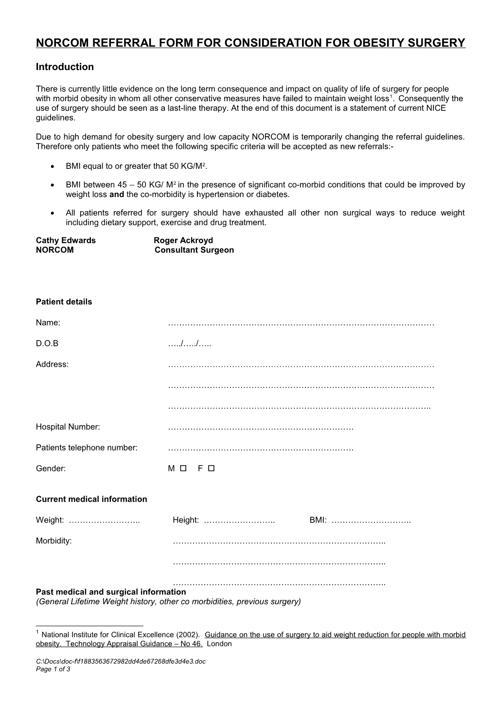 Norcom Referral Form for Consideration for Obesity Surgery
