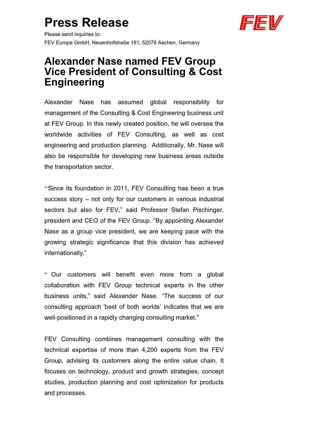 Alexander Nase Named FEV Group Vice President of Consulting & Cost Engineering s1