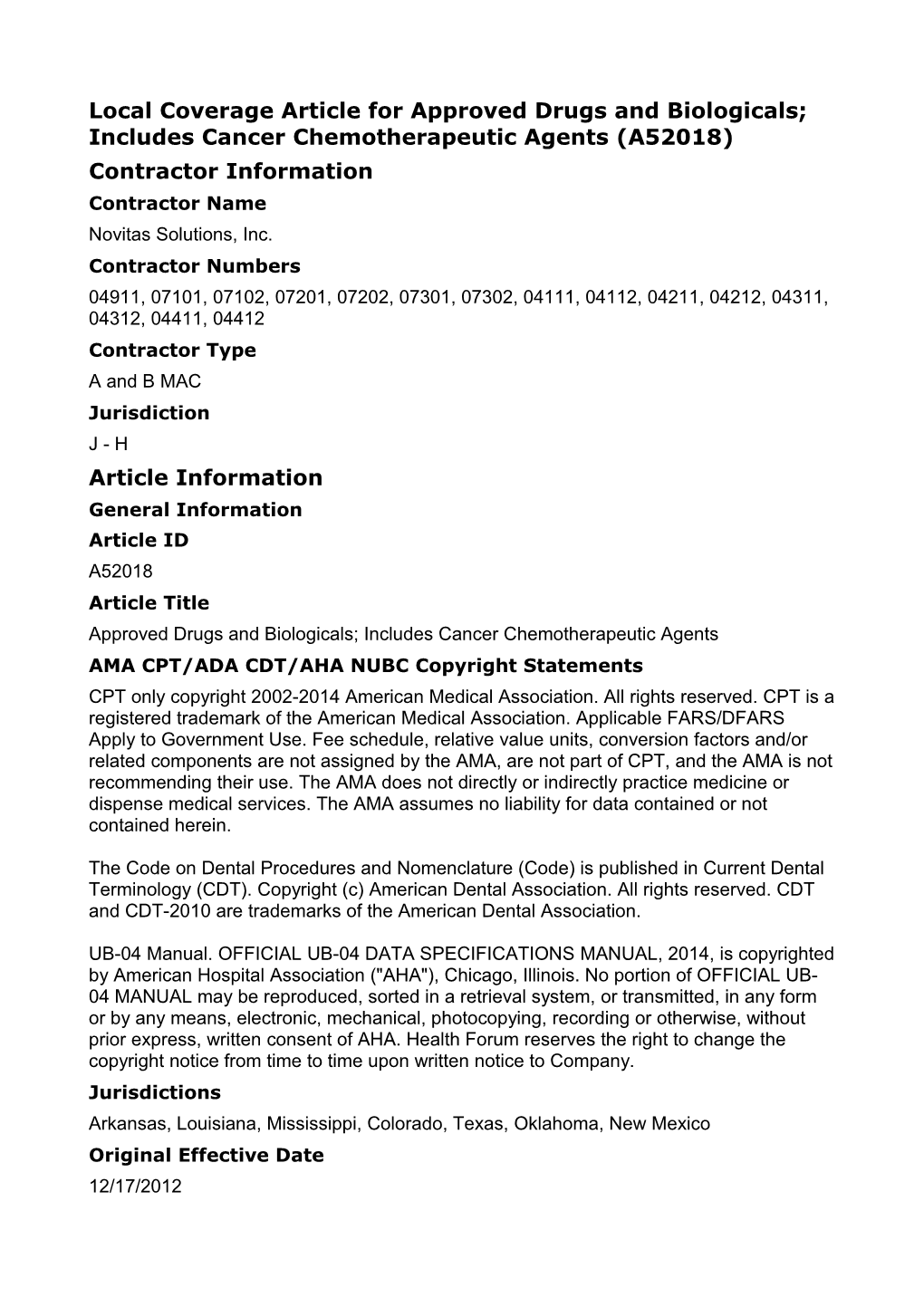 Local Coverage Article for Approved Drugs and Biologicals; Includes Cancer Chemotherapeutic