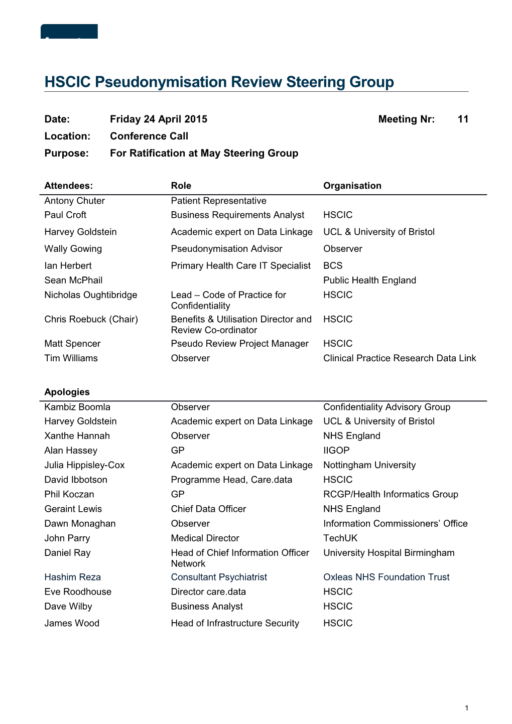 HSCIC Pseudonymisation Review Steering Group