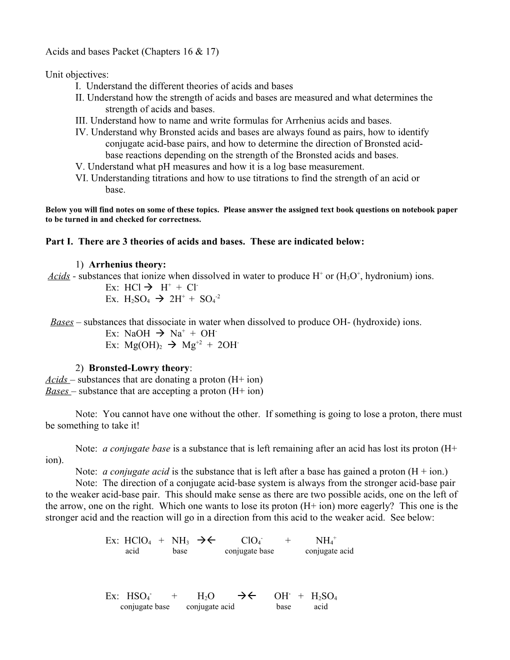 Acids and Bases Packet (Chapters 16 & 17)