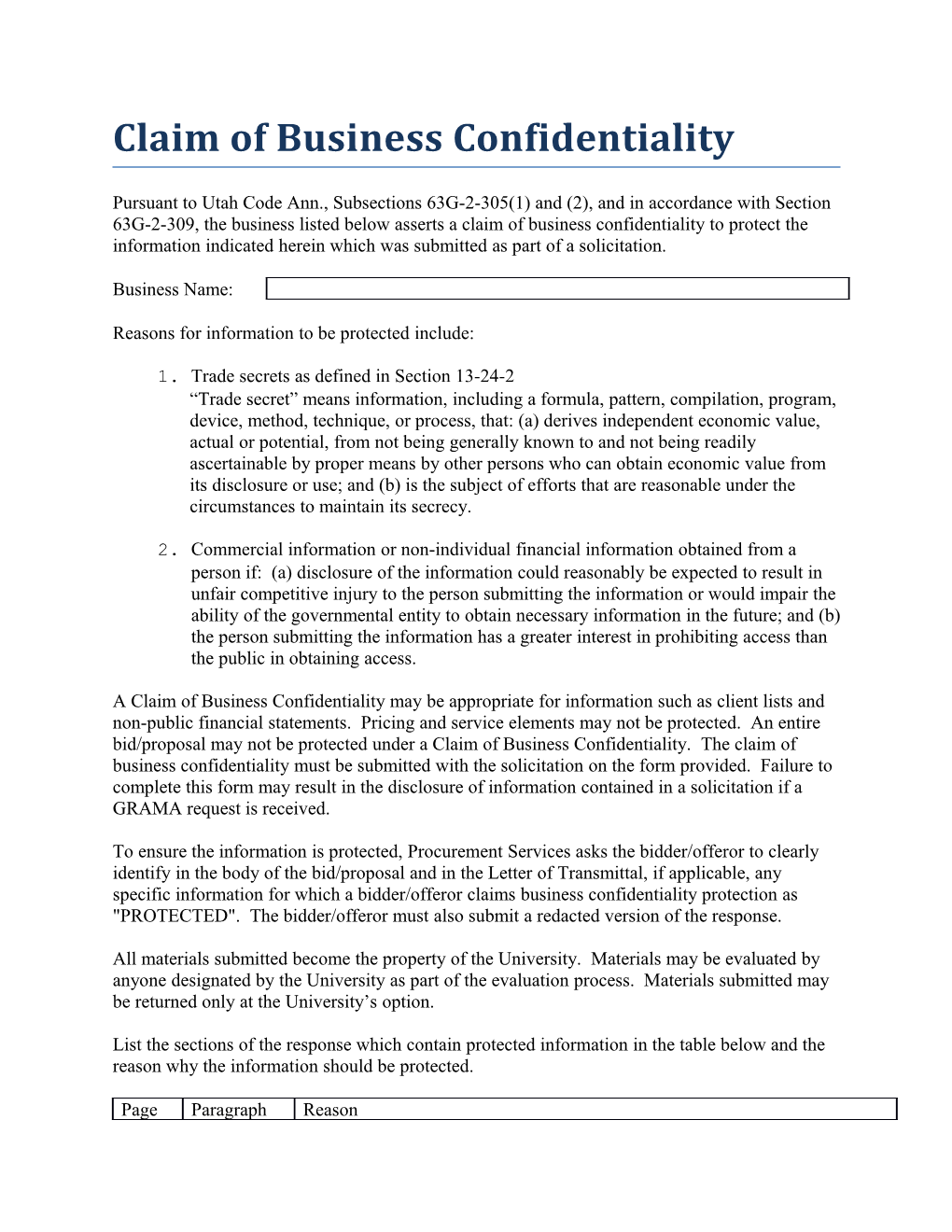 Claim of Business Confidentiality