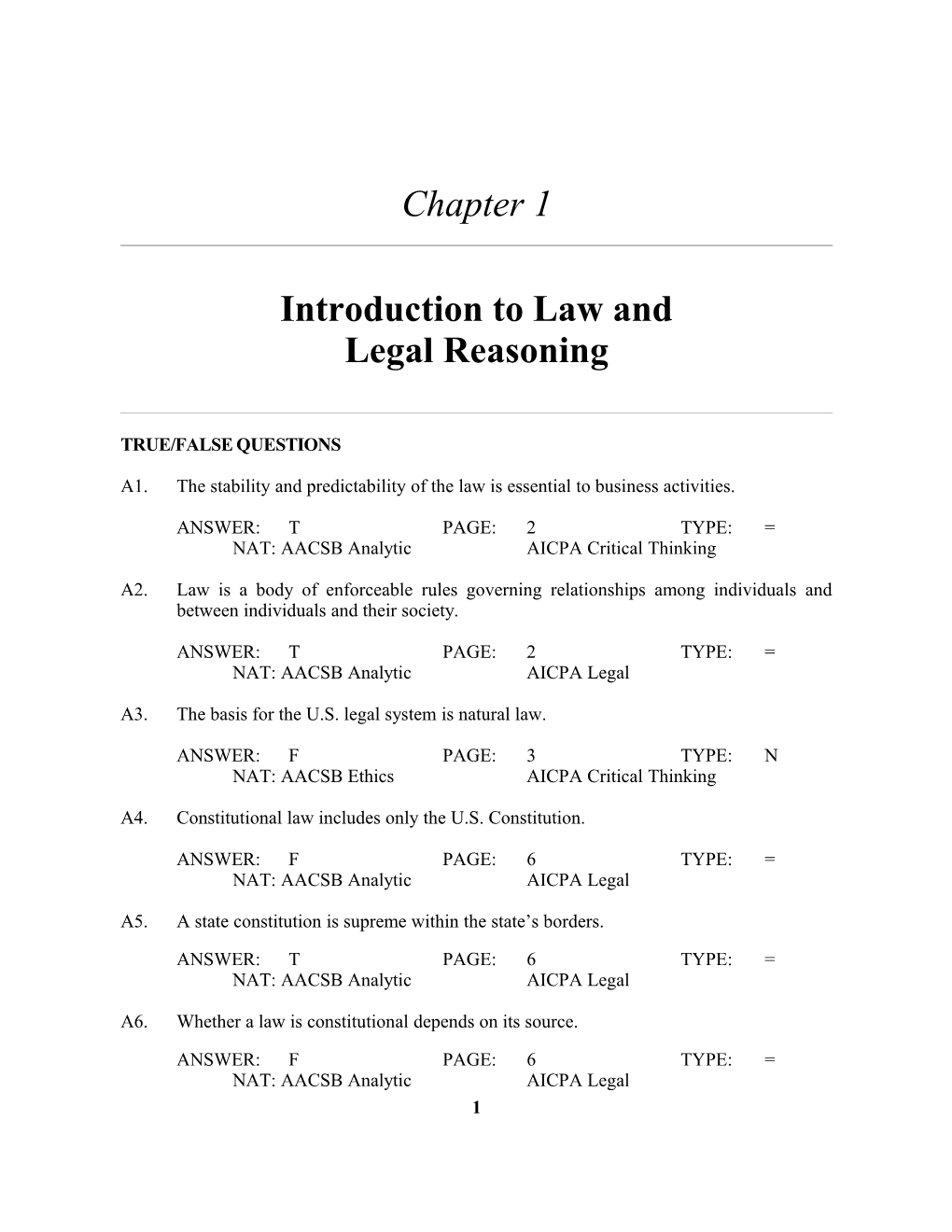 Chapter 1: Introduction to Law and Legal Reasoning 1