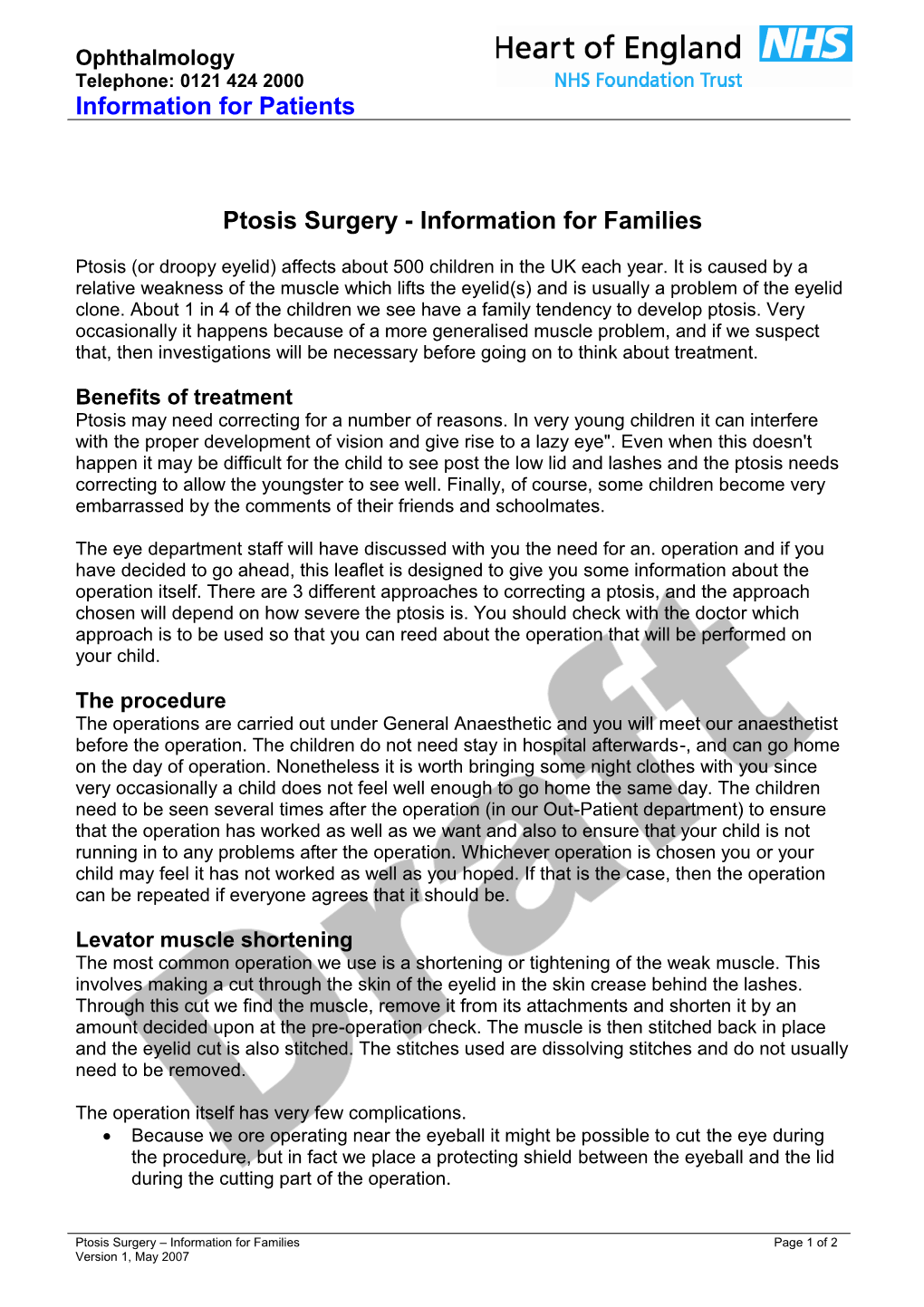 Ptosis Surgery - Information For Families