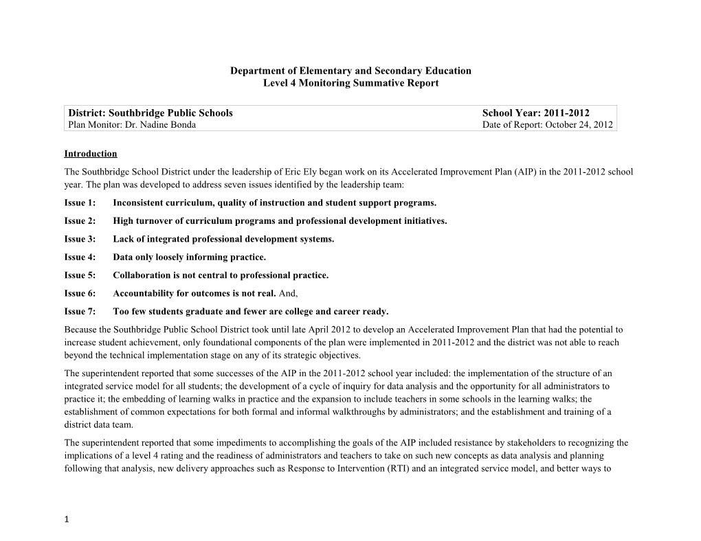 Southbridge Level 4 Monitoring Summative Report 2012
