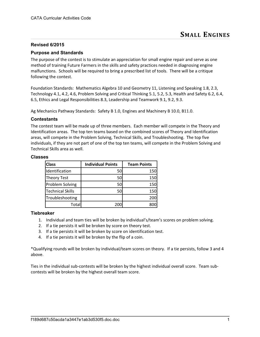 CATA Curricular Activities Code Small Engines