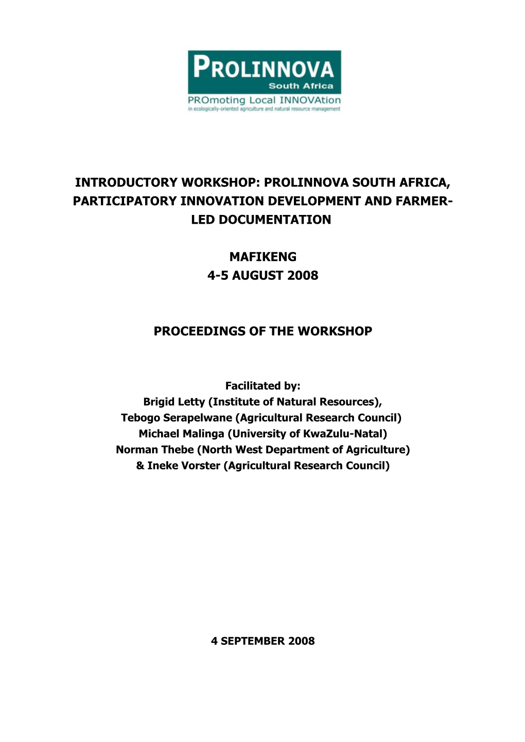 Introductory Workshop: Prolinnova South Africa, Participatory Innovation Development And