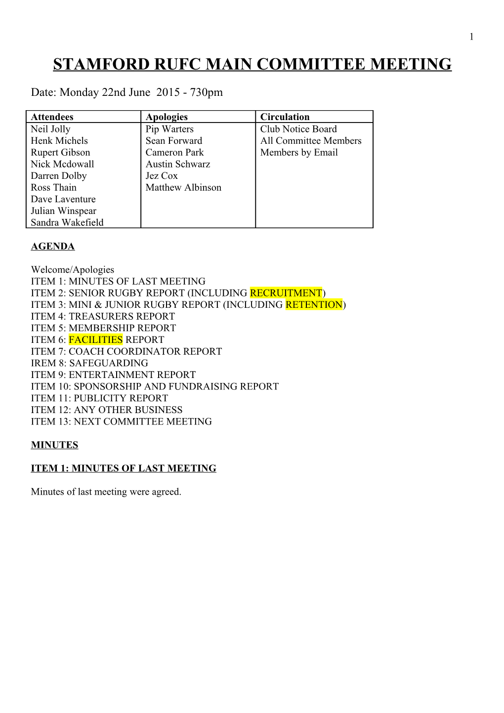 Stamford Rufc Main Committee Meeting