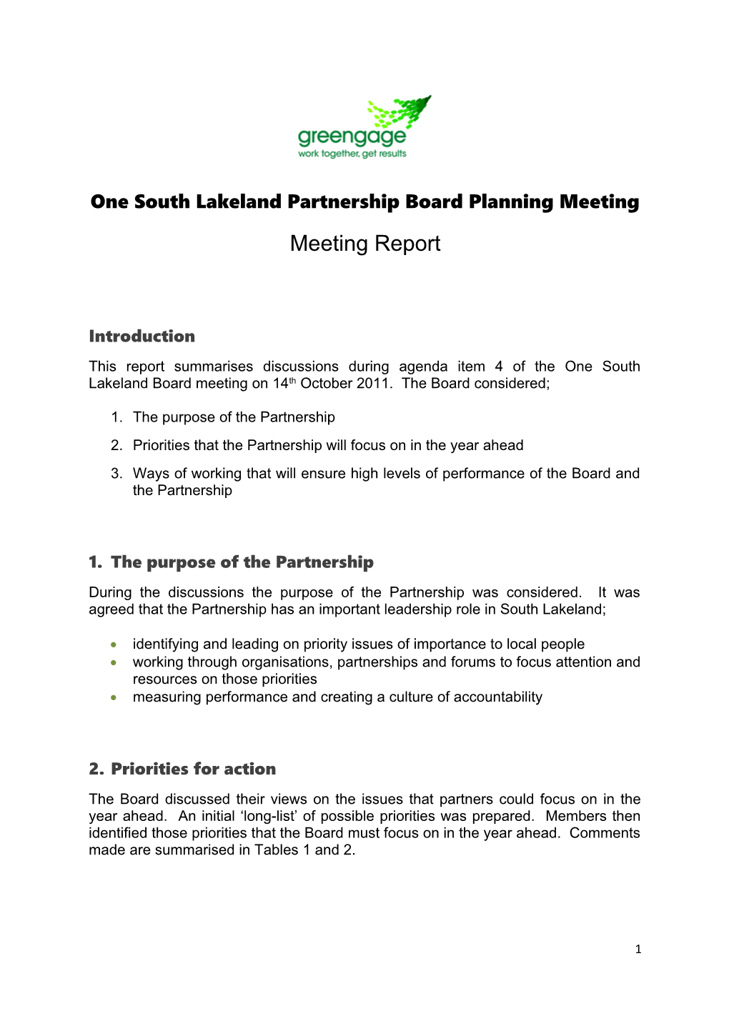 One South Lakeland Partnership Board Planning Meeting