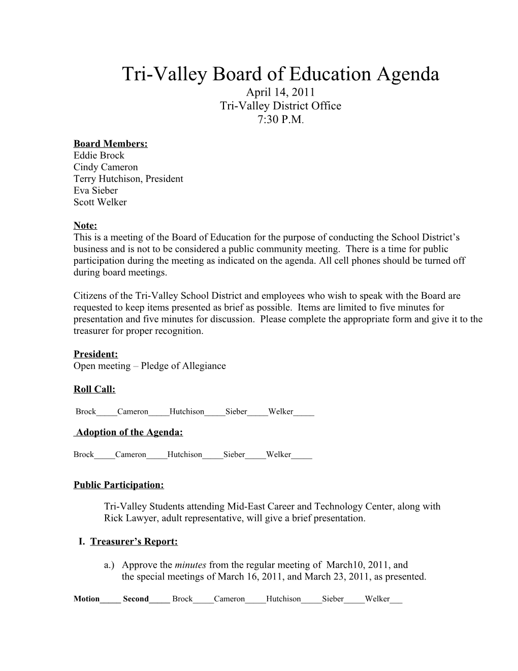 Tri-Valley Board of Education Agenda April 14, 2011