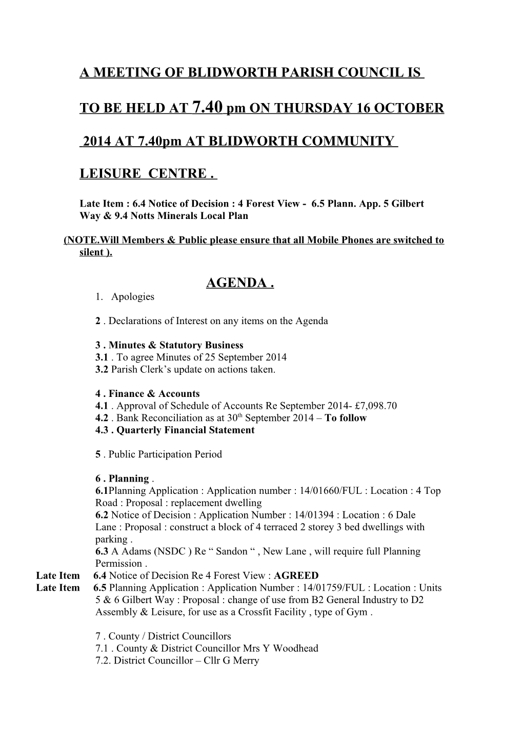 Budget Meeting of Blidworth Parish Council