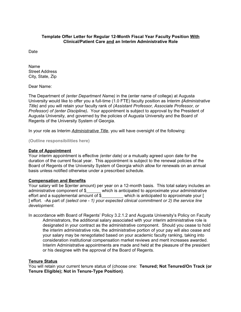 Template Offer Letter for Regular 12-Month Fiscal Year Faculty Position with Clinical/Patient