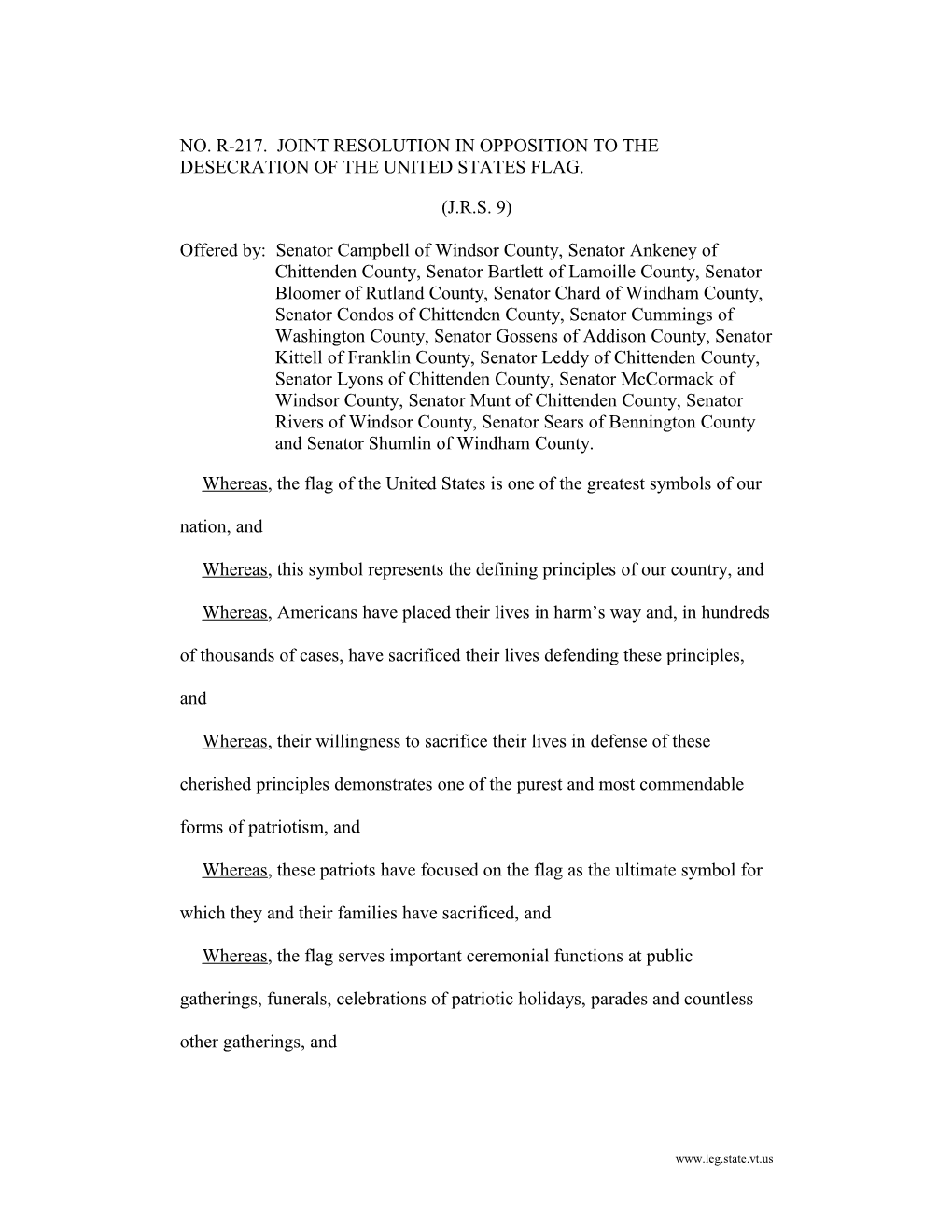 NO. R-217. JOINT RESOLUTION in Opposition to the Desecration of the United States Flag
