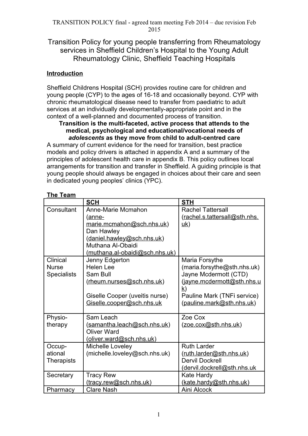 Draft Transition Policy for Young People Transferring from Rheumatology Services in Sheffield