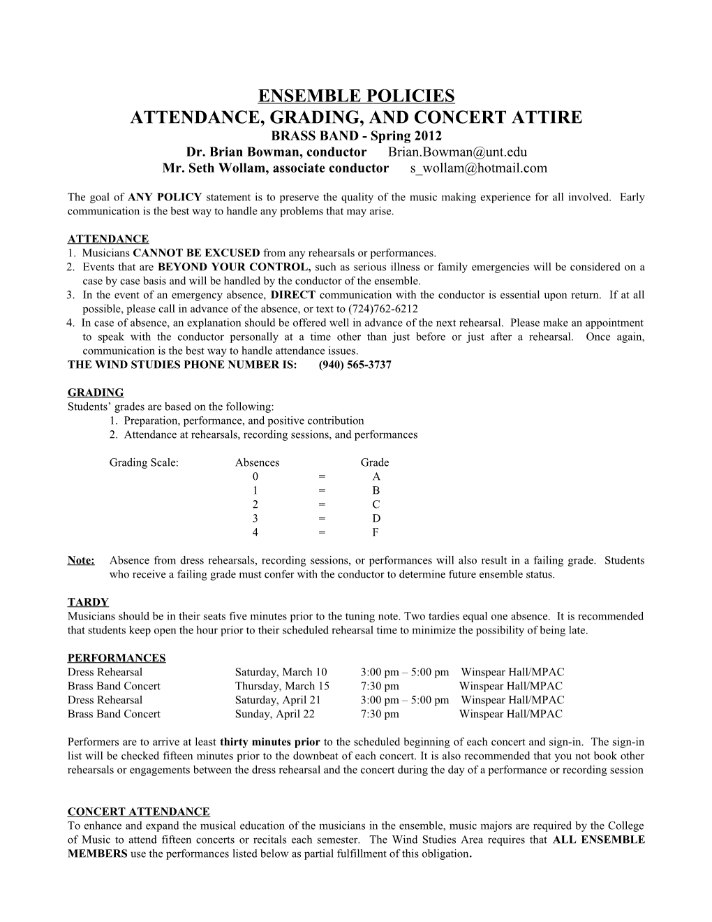 Attendance, Grading, and Concert Attire