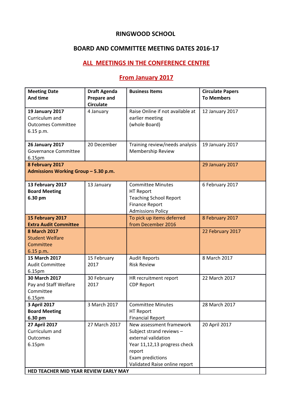 Board and Committee Meeting Dates 2016-17