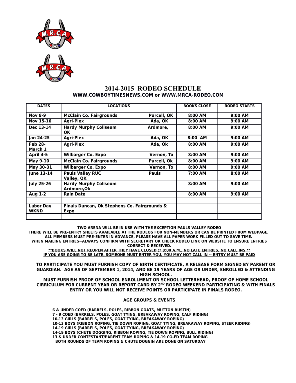 1999 Mrca Rodeo Schedule