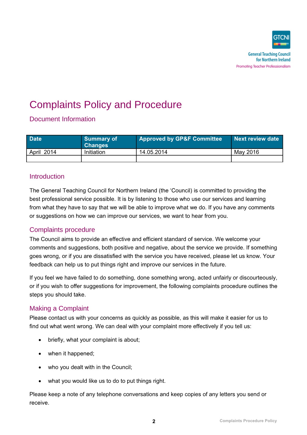 Complaints Policy and Procedure