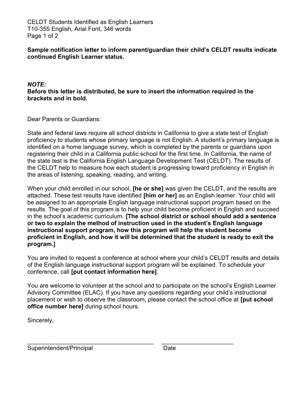 CELDT EL Notification Letter - CELDT (CA Dept of Education)