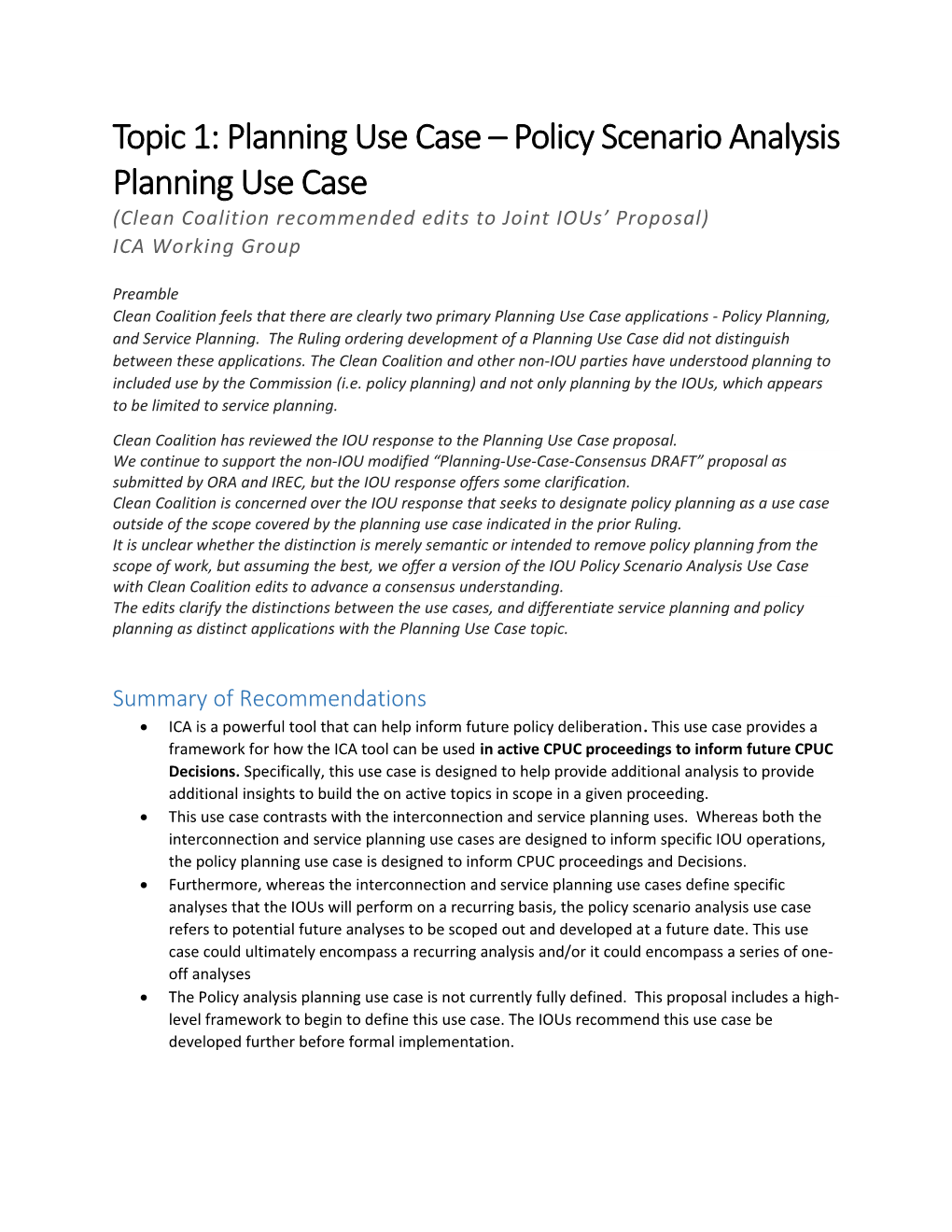 Topic 1: Planning Use Case Policy Scenario Analysis Planning Use Case