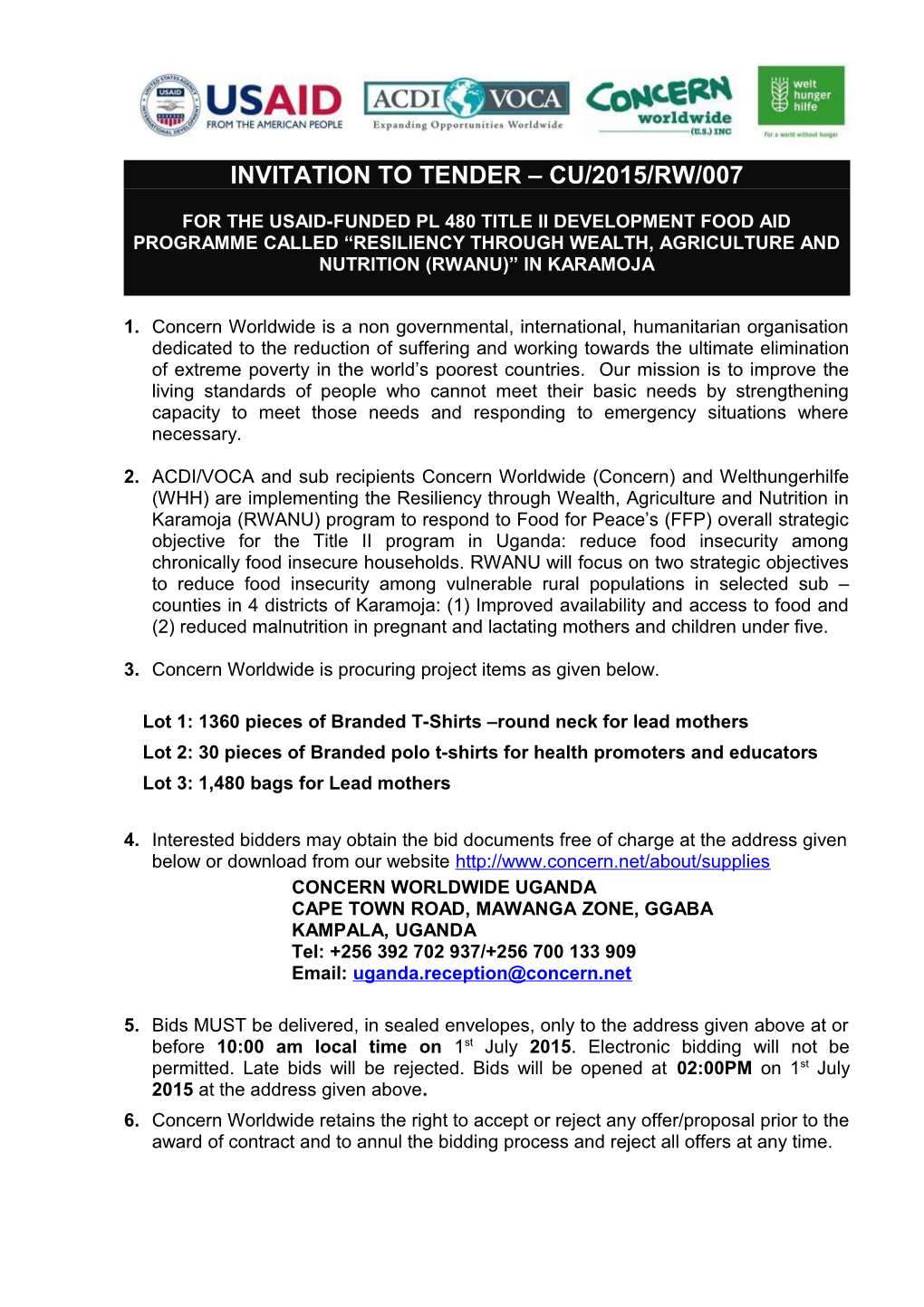 Invitation to Tender Cu/2015/Rw/007