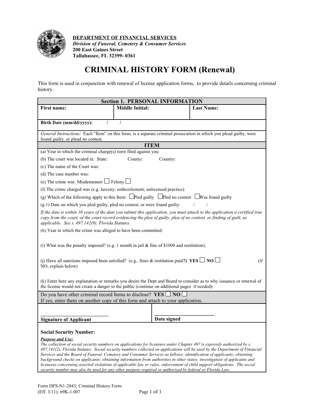 Criminal History Form