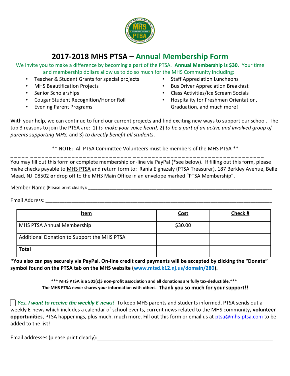 2017-2018 MHS PTSA Annual Membership Form