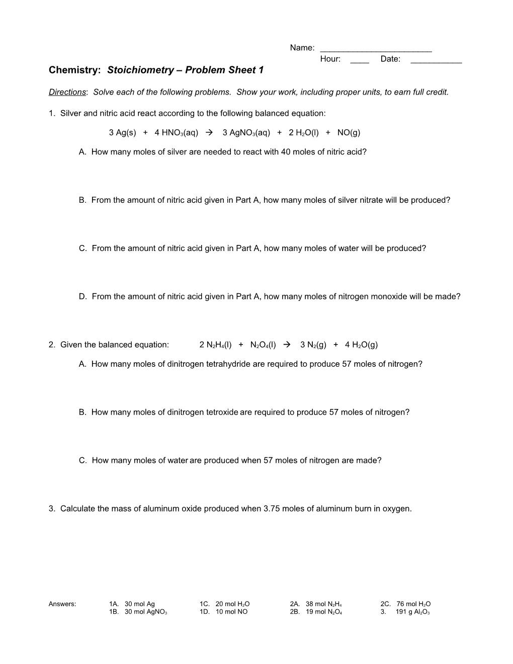 Stoichiometry: Problem Sheet 1