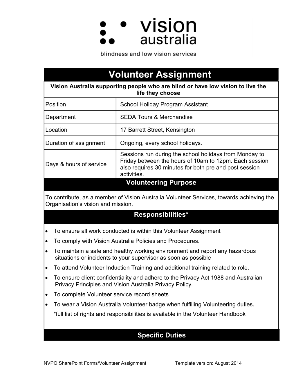 NVPO Sharepoint Forms/Volunteer Assignment Template Version: August 2014