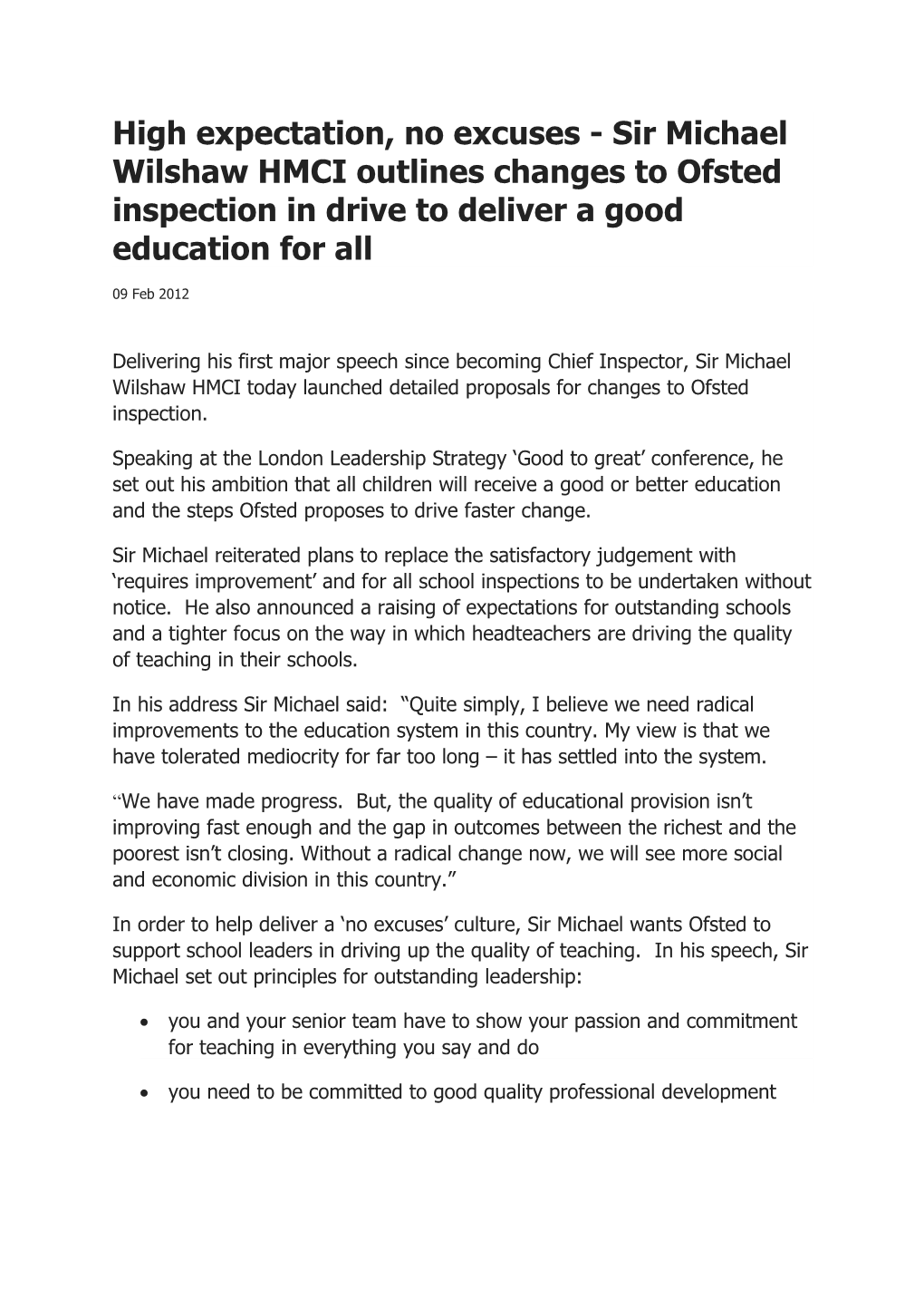 High Expectation, No Excuses - Sir Michael Wilshaw HMCI Outlines Changes to Ofsted Inspection