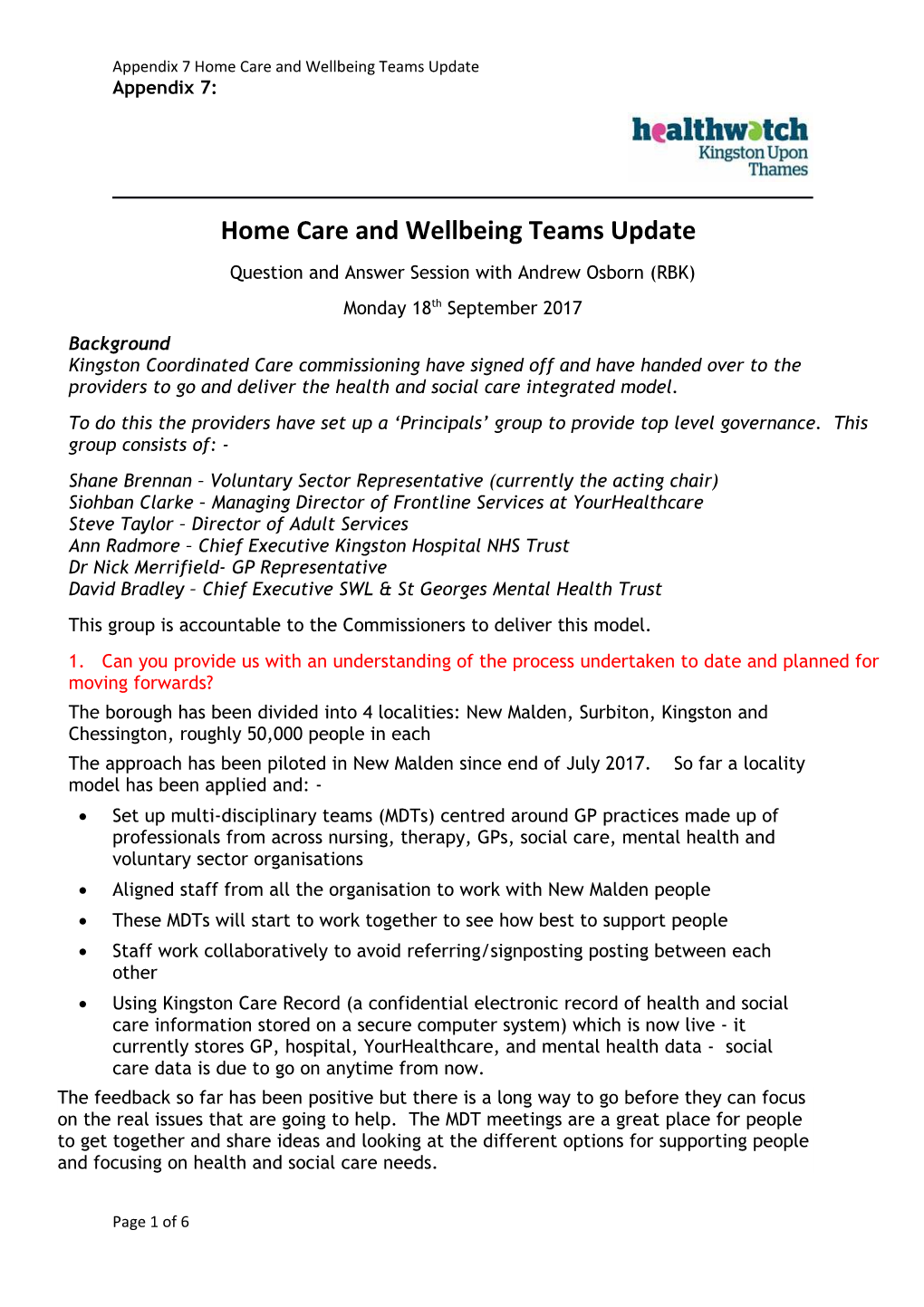 Appendix 7 Home Care and Wellbeing Teams Update