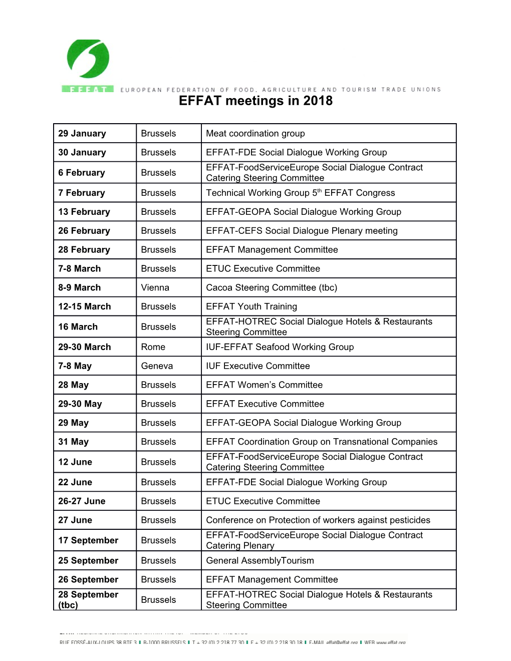 EFFAT Meetings in 2018