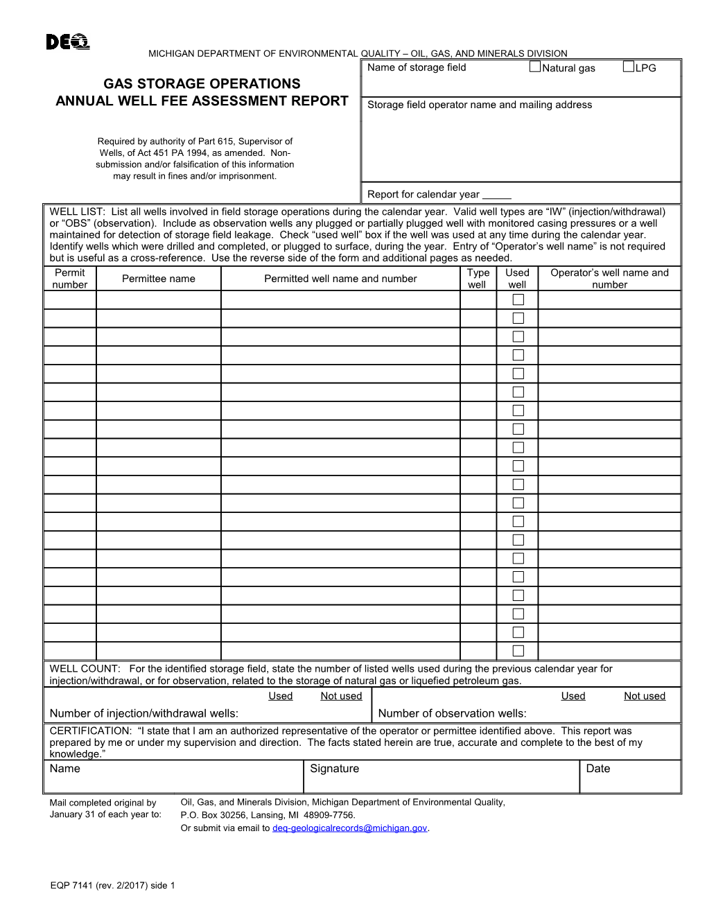 MICHIGAN Department of Environmental Quality OIL, GAS, and MINERALS DIVISION