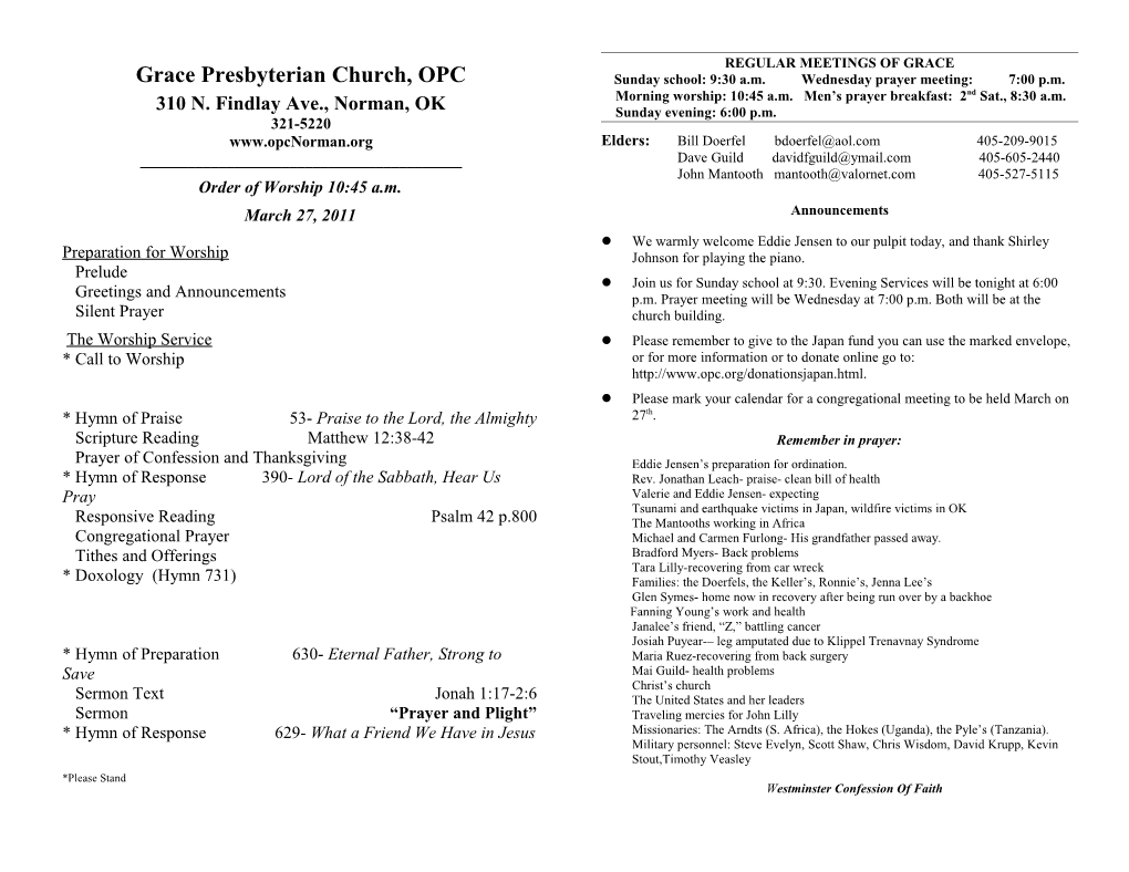 Church Bulletin - Grace Presbyterian (OPC) Norman, OK