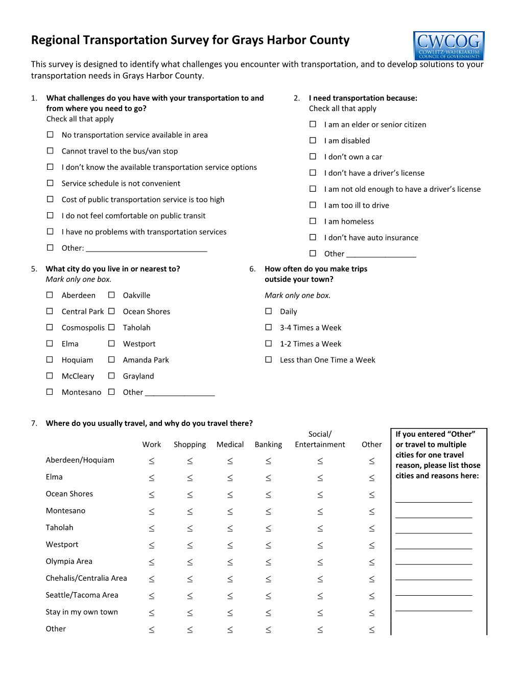 Regional Transportation Survey for Grays Harbor County