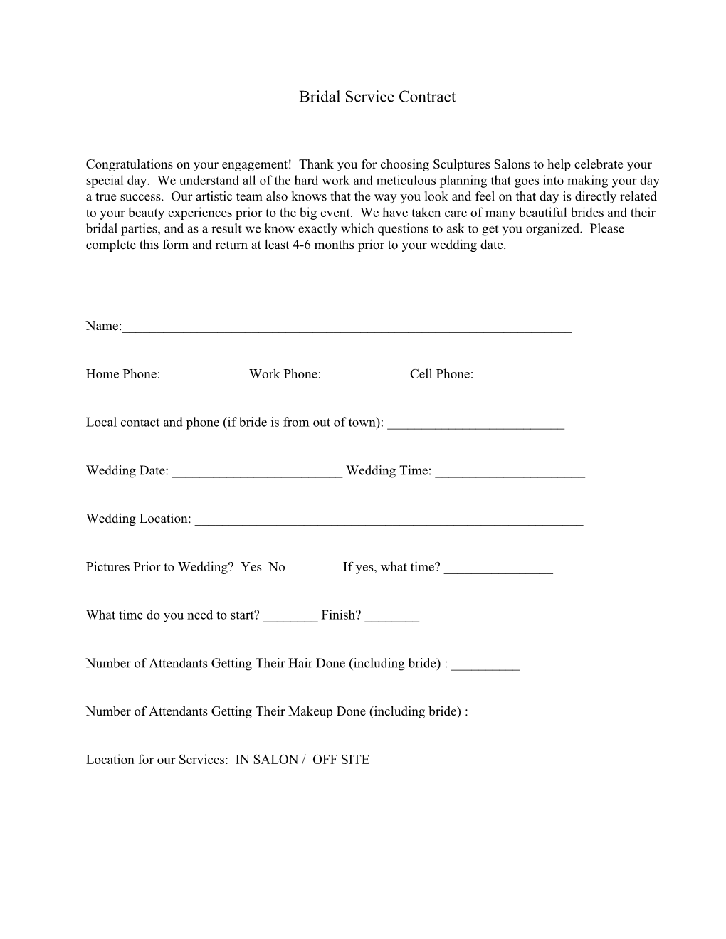 Bridal Package Contract