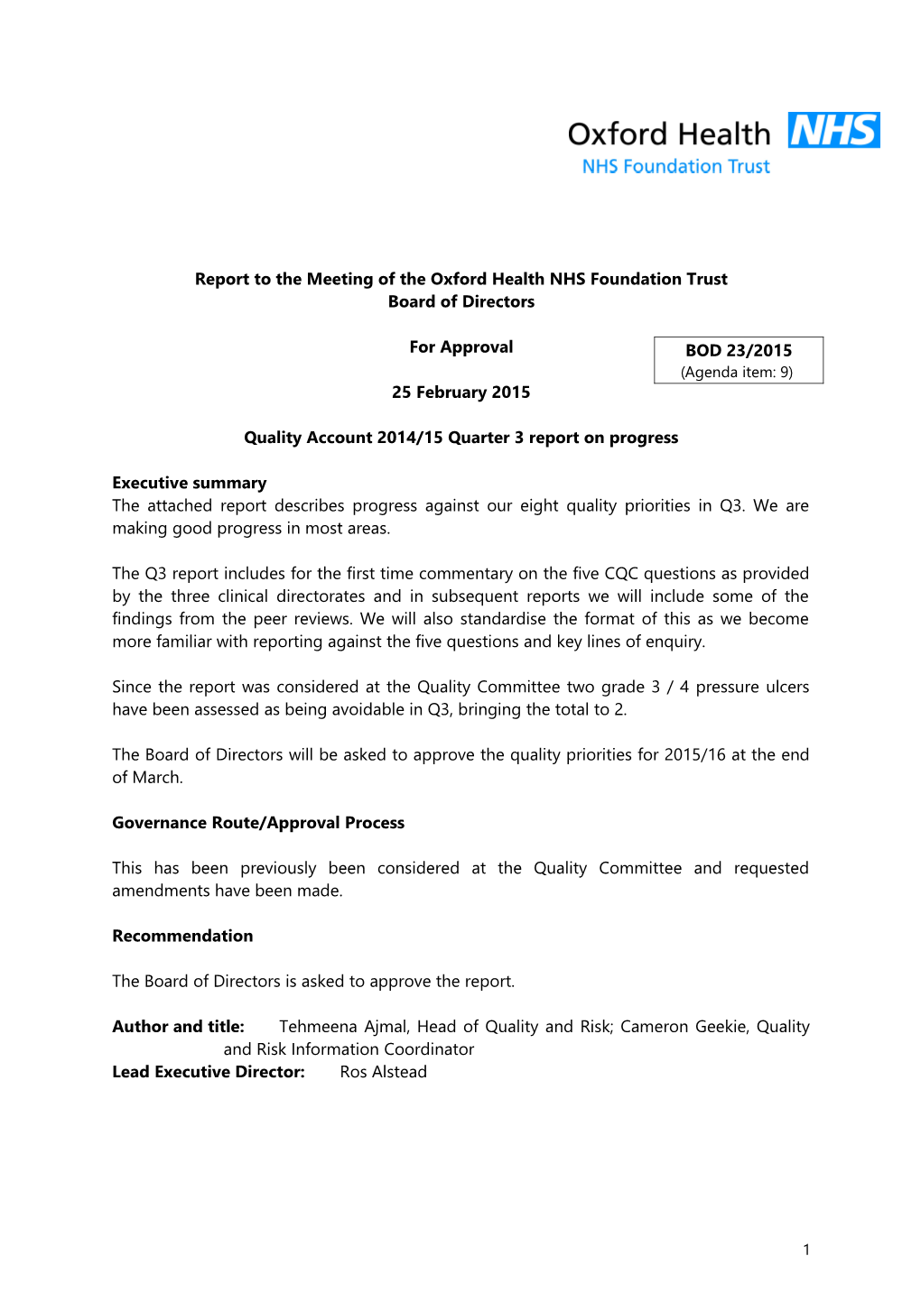 Report to the Meeting of the Oxford Health NHS Foundation Trust