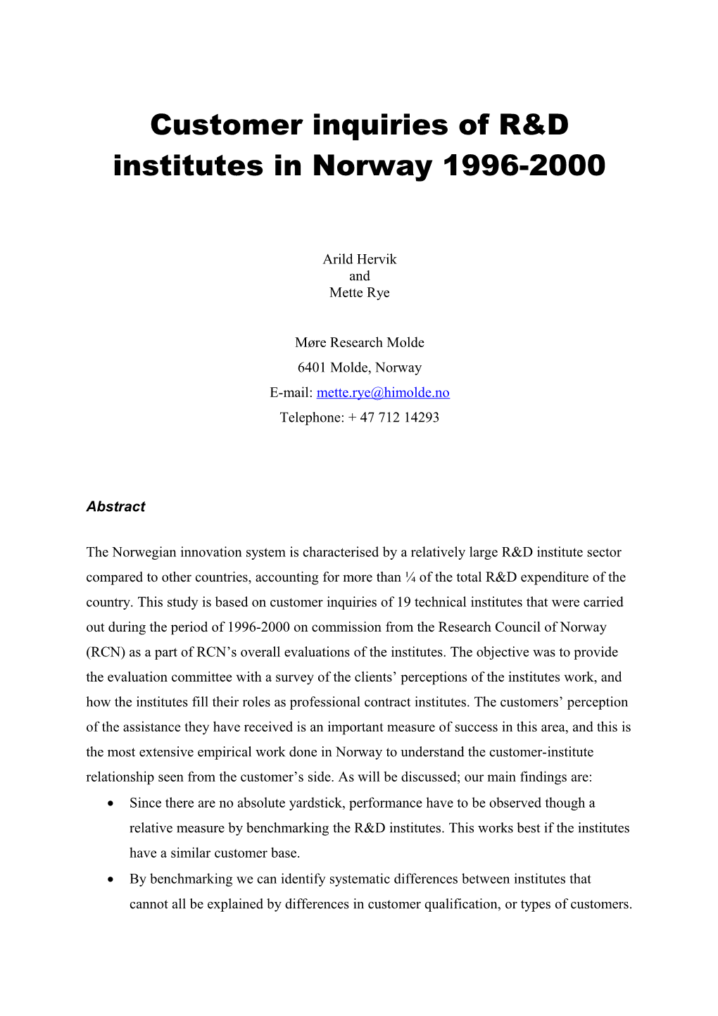 Customer Inquiries of R&D Institutes in Norway 1996-2000