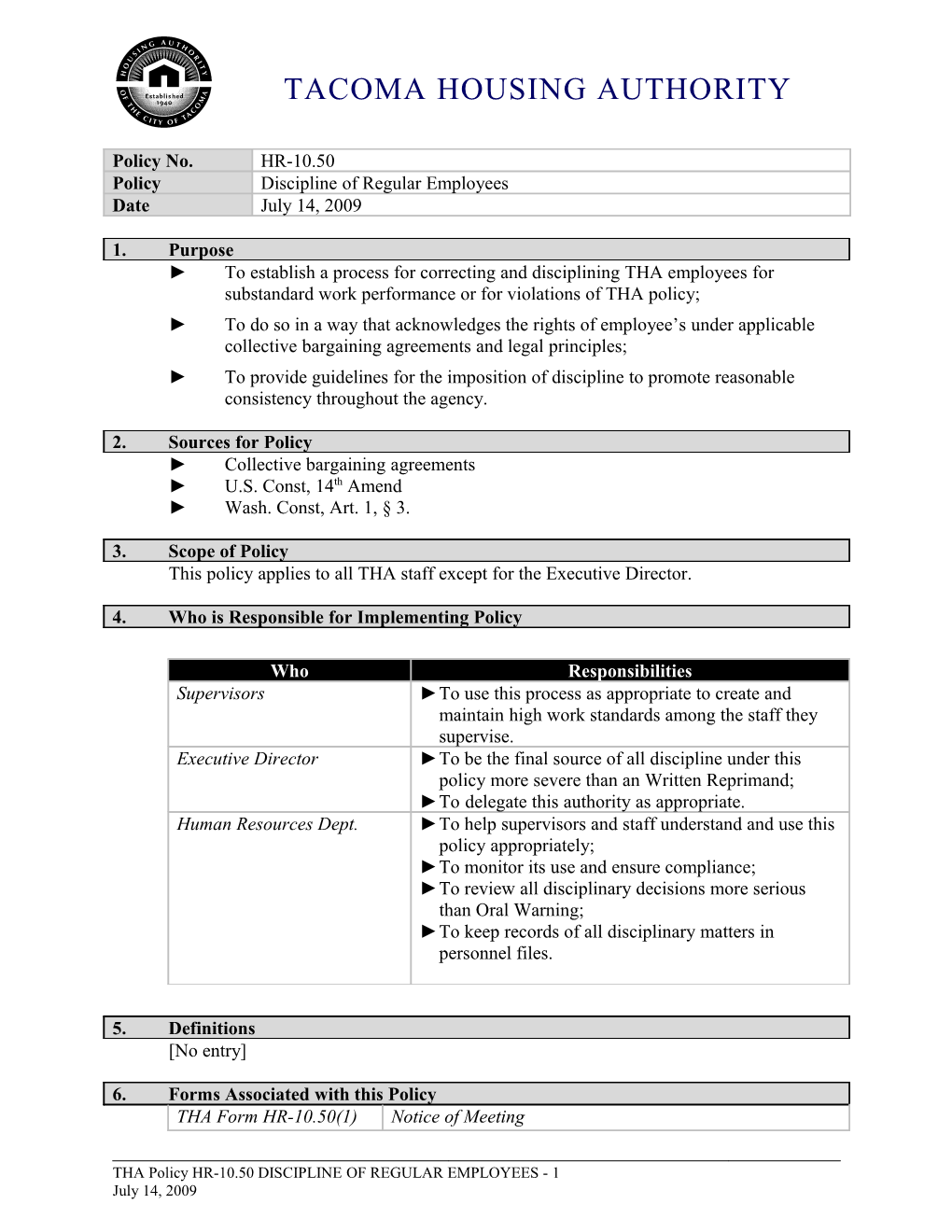 THA Policy 10 50 Discipline of Regular Employees