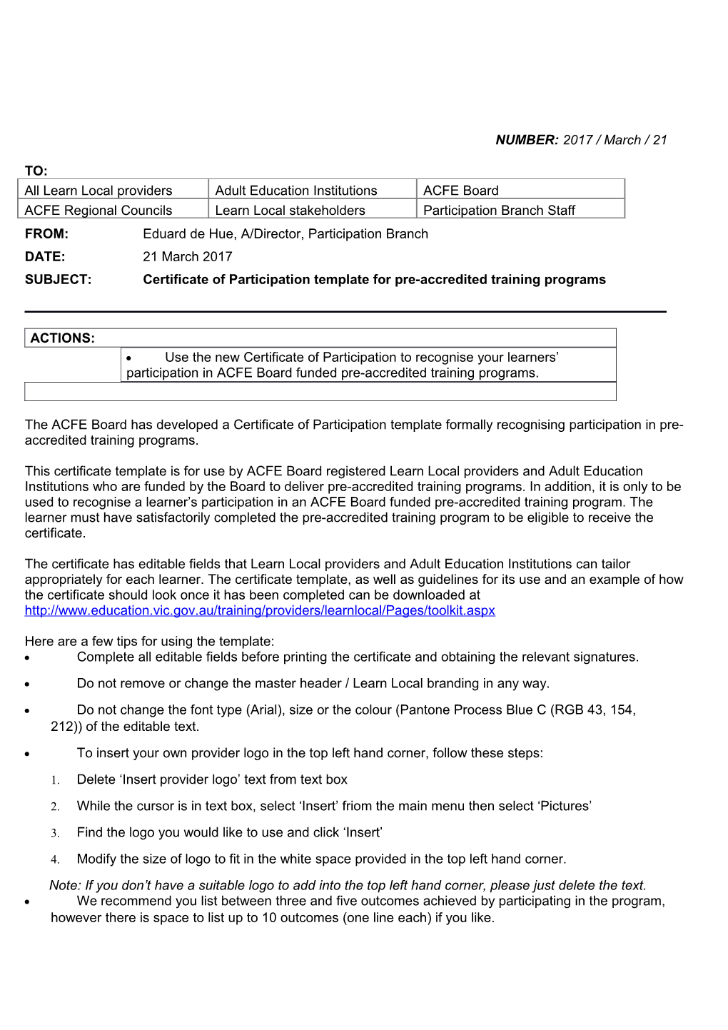 SUBJECT: Certificate of Participation Template for Pre-Accredited Training Programs