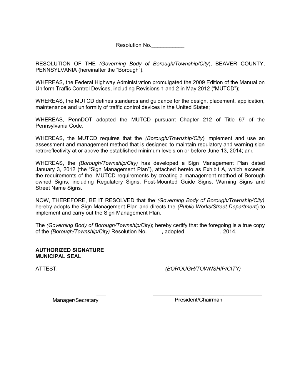 RESOLUTION of the (Governing Body of Borough/Township/City ), BEAVER COUNTY, PENNSYLVANIA