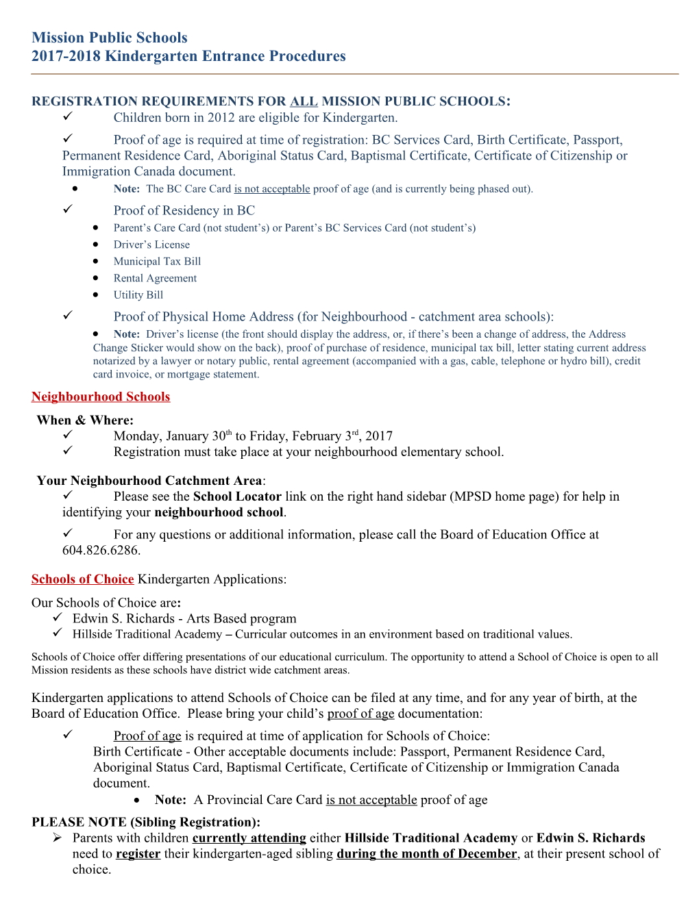 Registration Requirements for All Mission Public Schools