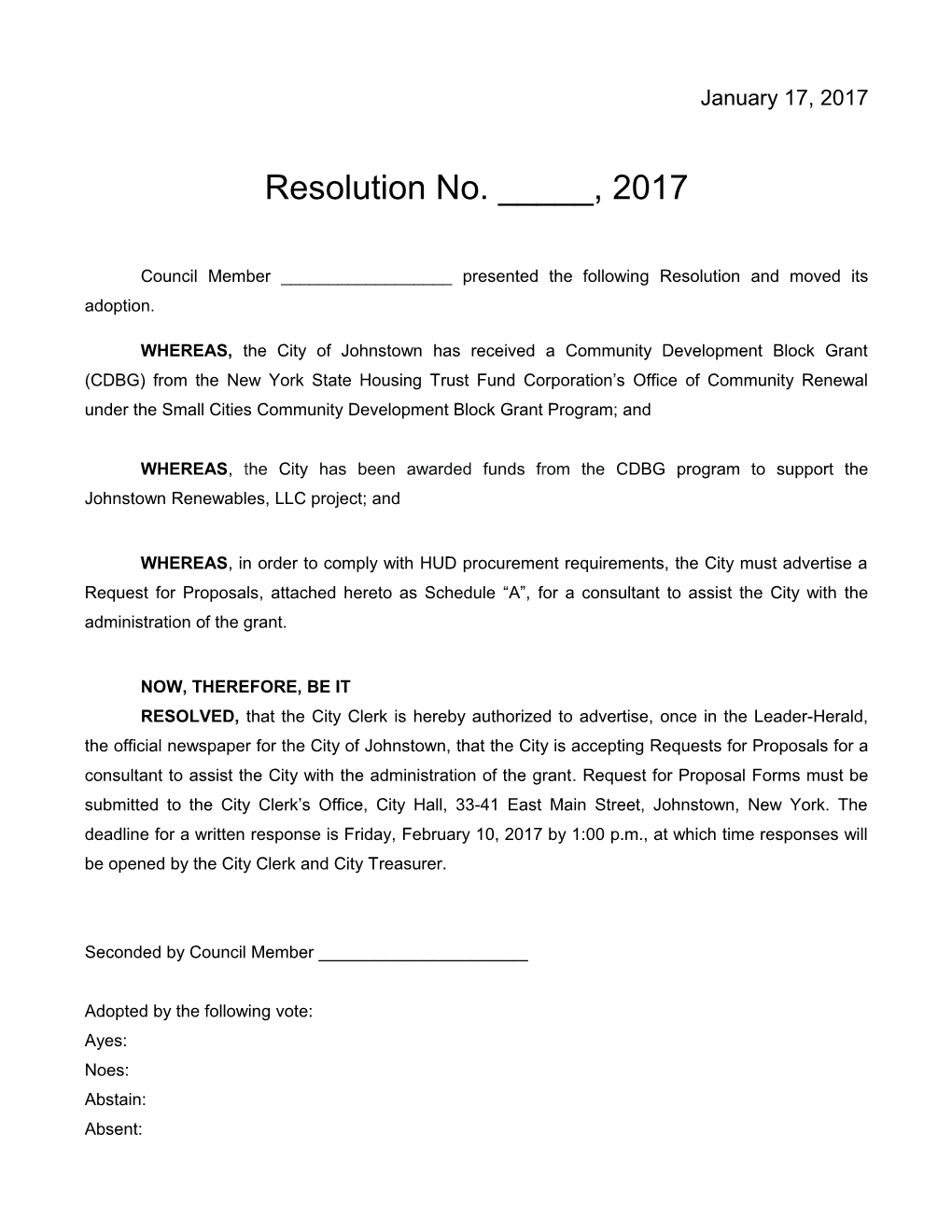 Council Member ______ Presented the Following Resolution and Moved Its Adoption