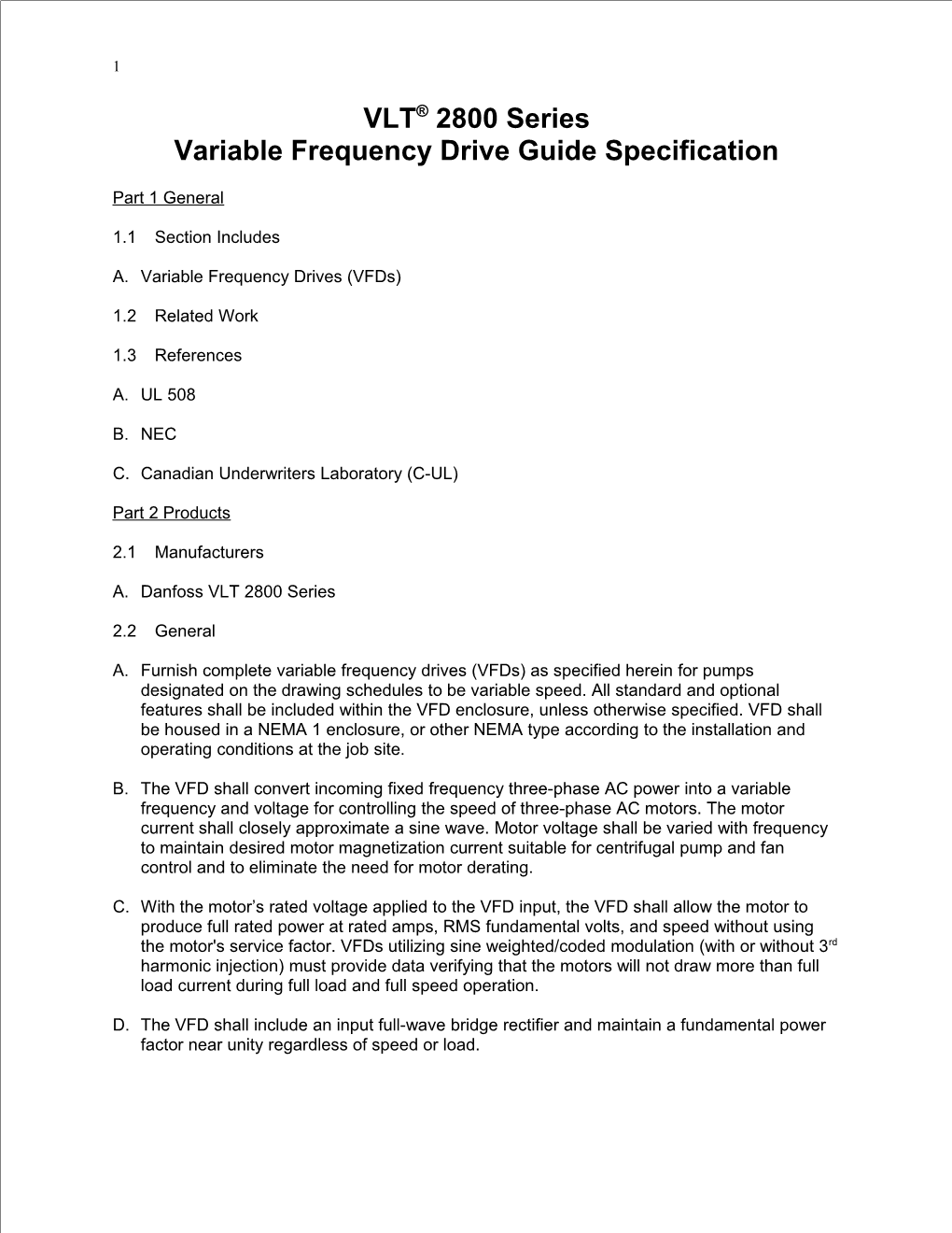 Variable Frequency Drive Guide Specification